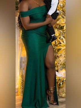 Emerald Green Satin Slit Evening Gown